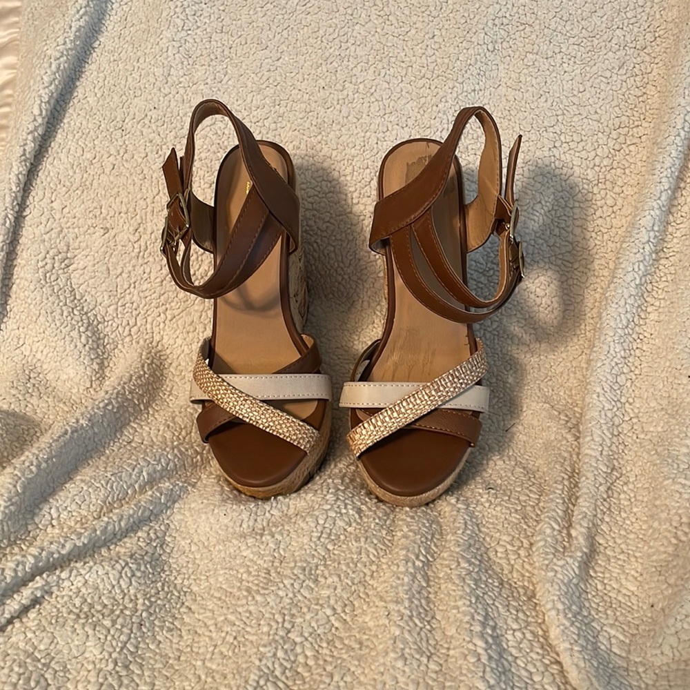 Brown and white wedge heels